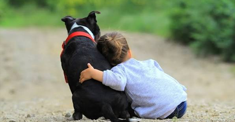 Bambina che abbraccia il suo cane.